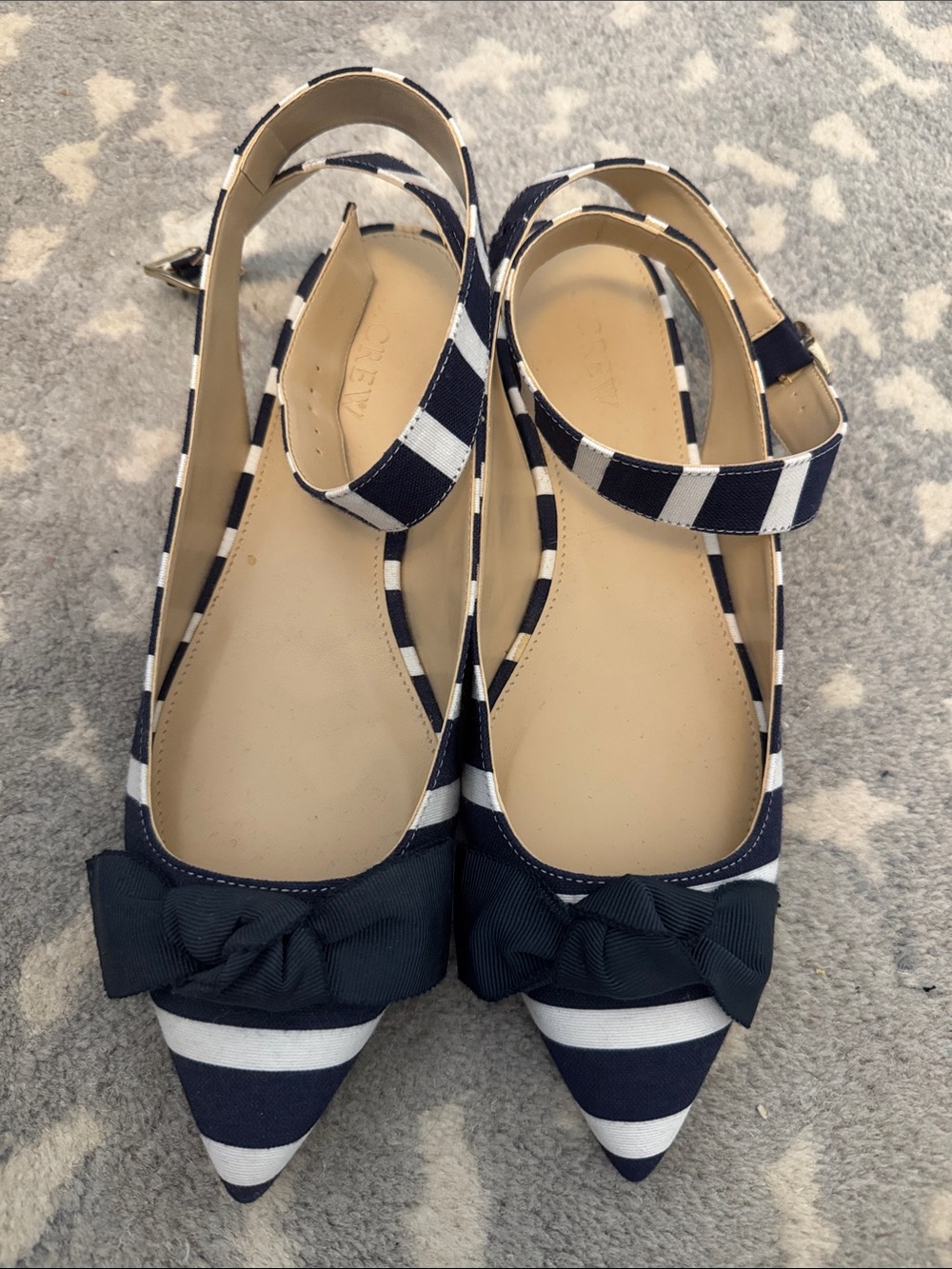 New J.Crew Striped Navy and White Pointed-Toe Ankle-Strap Flats, 8